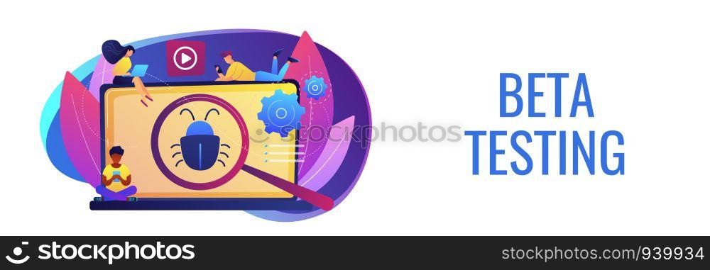 Tiny business people with digital devices testing demo software. Beta testing, new product testing, presale user experience concept. Header or footer banner template with copy space.. Beta testing concept banner header.