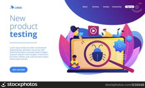 Tiny business people with digital devices testing demo software. Beta testing, new product testing, presale user experience concept. Website vibrant violet landing web page template.. Beta testing concept landing page.