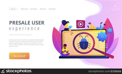 Tiny business people with digital devices testing demo software. Beta testing, new product testing, presale user experience concept. Website vibrant violet landing web page template.. Beta testing concept landing page.