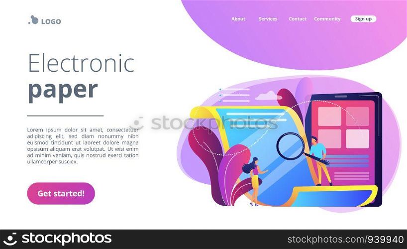 Tiny business people with magnifier reading electronic paper document. Electronic paper, e-ink technology, low energy consumption display concept. Website vibrant violet landing web page template.. Electronic paper concept landing page.