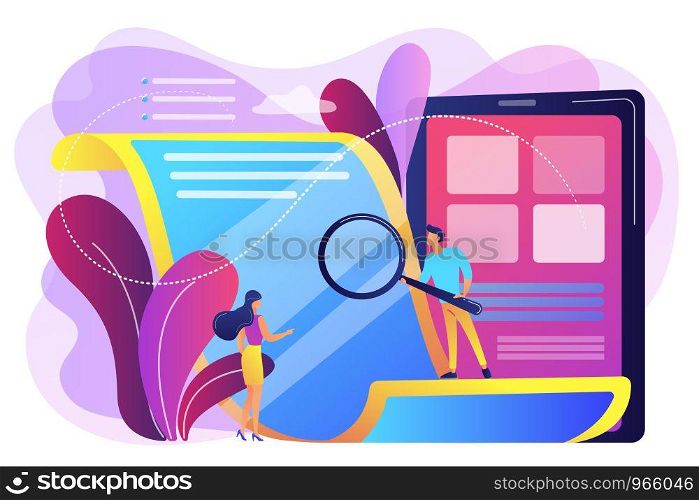 Tiny business people with magnifier reading electronic paper document. Electronic paper, e-ink technology, low energy consumption display concept. Bright vibrant violet vector isolated illustration. Electronic paper concept vector illustration.