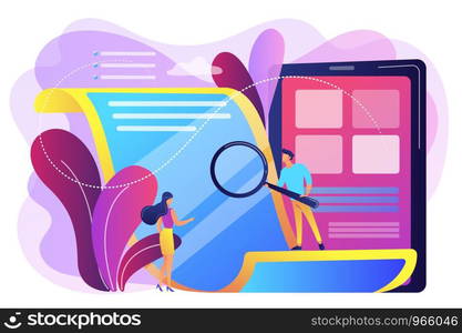 Tiny business people with magnifier reading electronic paper document. Electronic paper, e-ink technology, low energy consumption display concept. Bright vibrant violet vector isolated illustration. Electronic paper concept vector illustration.