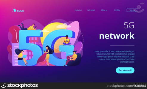 Tiny business people with mobile devices using 5g technology. 5g network, next generation connectivity, modern mobile communication concept. Website vibrant violet landing web page template.. 5g network concept landing page.