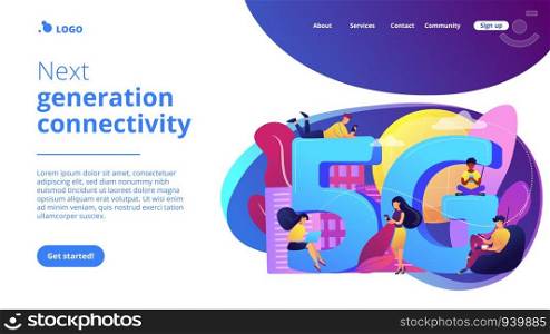 Tiny business people with mobile devices using 5g technology. 5g network, next generation connectivity, modern mobile communication concept. Website vibrant violet landing web page template.. 5g network concept landing page.