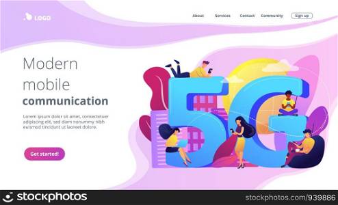 Tiny business people with mobile devices using 5g technology. 5g network, next generation connectivity, modern mobile communication concept. Website vibrant violet landing web page template.. 5g network concept landing page.