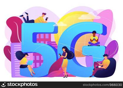 Tiny business people with mobile devices using 5g technology. 5g network, next generation connectivity, modern mobile communication concept. Bright vibrant violet vector isolated illustration. 5g network concept vector illustration.