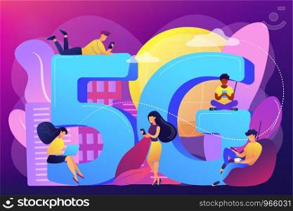 Tiny business people with mobile devices using 5g technology. 5g network, next generation connectivity, modern mobile communication concept. Bright vibrant violet vector isolated illustration. 5g network concept vector illustration.