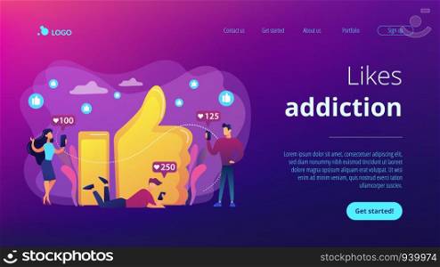 Tiny business people with smartphones and tablet get like notifications. Likes addiction, thumbs-up dependence, social media madness concept. Website vibrant violet landing web page template.. Likes addiction concept landing page.