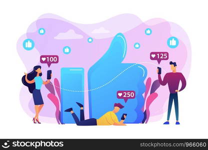 Tiny business people with smartphones and tablet get like notifications. Likes addiction, thumbs-up dependence, social media madness concept. Bright vibrant violet vector isolated illustration. Likes addiction concept vector illustration.