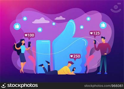 Tiny business people with smartphones and tablet getting like notifications. Likes addiction, thumbs-up dependence, social media madness concept. Bright vibrant violet vector isolated illustration. Likes addiction concept vector illustration.