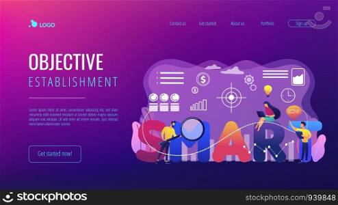 Tiny business people working on goals and sitting on smart word. SMART Objectives, objective establishment, measurable goals development concept. Website vibrant violet landing web page template.. SMART Objectives concept landing page.