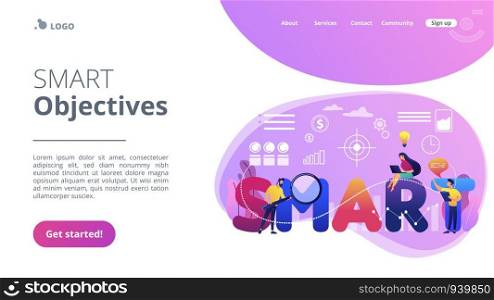 Tiny business people working on goals and sitting on smart word. SMART Objectives, objective establishment, measurable goals development concept. Website vibrant violet landing web page template.. SMART Objectives concept landing page.
