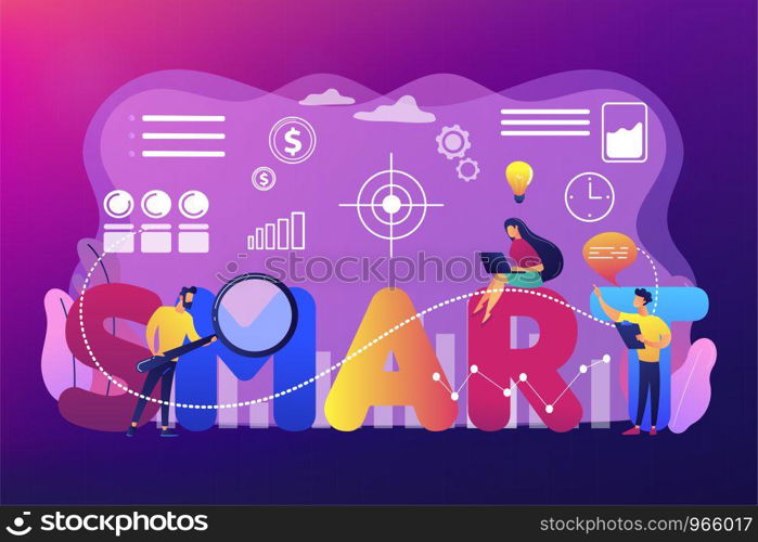 Tiny business people working on goals and sitting on smart word. SMART Objectives, objective establishment, measurable goals development concept. Bright vibrant violet vector isolated illustration. SMART Objectives concept vector illustration.