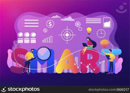 Tiny business people working on goals and sitting on smart word. SMART Objectives, objective establishment, measurable goals development concept. Bright vibrant violet vector isolated illustration. SMART Objectives concept vector illustration.