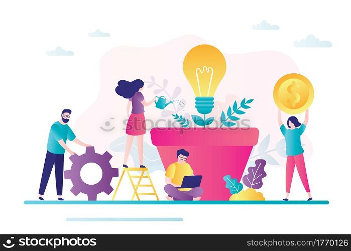 Tiny businesspeople grows business idea. Business characters invest in new idea. Concept making money. Teamwork, development project. Crowdfunding, investment in innovation. Flat vector illustration. Businesspeople grows business idea. Business characters invest in new idea. Concept making money. Teamwork, development project