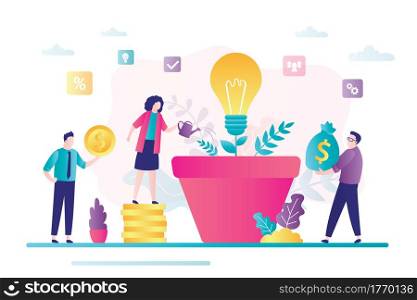 Tiny businesspeople grows business idea. Business characters invest in new idea. Concept making money. Teamwork, development project. Crowdfunding and investment in innovation.Flat vector illustration. Tiny businesspeople grows business idea. Business characters invest in new idea. Concept making money. Teamwork, development project.