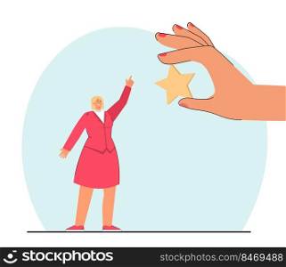 Tiny cartoon businesswoman pointing at huge hand holding star. Positive customer review of service, app or product flat vector illustration. Feedback, satisfaction rating concept for banner