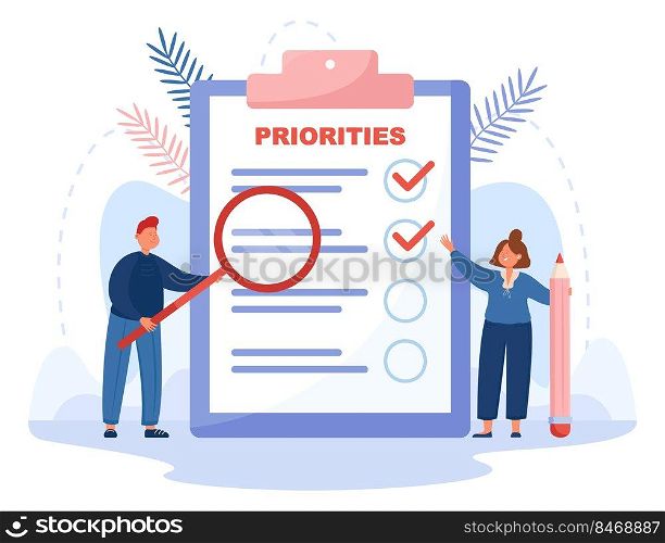 Tiny cartoon characters standing next to list of important tasks. People prioritizing work, progress flat vector illustration. Priority, addenda concept for banner, website design or landing web page