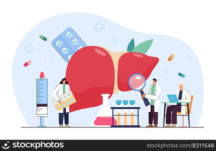 Tiny cartoon doctors examining liver of patient. Hepatitis treatment, cancer awareness flat vector illustration. Disease, health, care concept for banner, website design or landing web page