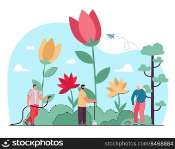 Tiny cartoon people working in garden together. Red and yellow spring flowers on simple blue background flat vector illustration. Nature, springtime, gardening concept for banner or landing web page