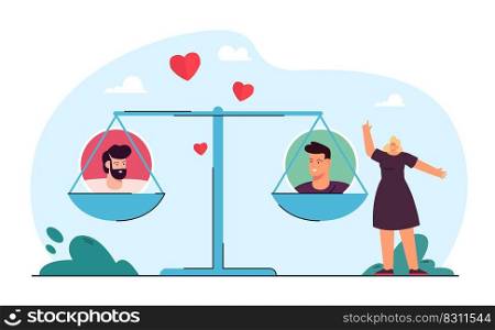Tiny cartoon woman choosing between two men. Scales with male character icons flat vector illustration. Love, romance, relationship, choice concept for banner, website design or landing page