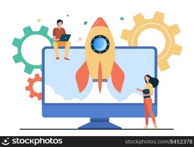 Tiny character launching startup rocket. Monitor, computer, idea flat vector illustration. Business and development concept for banner, website design or landing web page