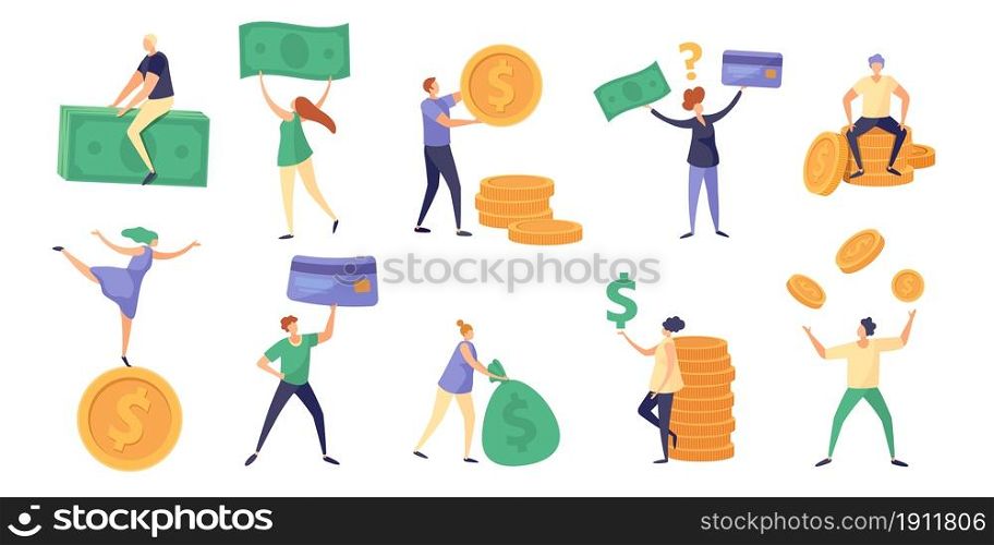 Tiny characters hold money bill, coin and salary. Cartoon rich people with currency. Finance debts, savings and investing concept vector set. Man and woman with income bags, credit cards. Tiny characters hold money bill, coin and salary. Cartoon rich people with currency. Finance debts, savings and investing concept vector set