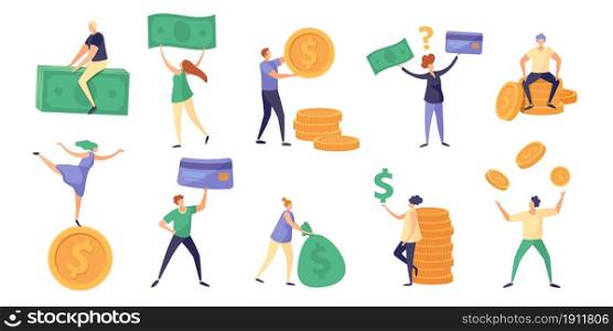 Tiny characters hold money bill, coin and salary. Cartoon rich people with currency. Finance debts, savings and investing concept vector set. Man and woman with income bags, credit cards. Tiny characters hold money bill, coin and salary. Cartoon rich people with currency. Finance debts, savings and investing concept vector set