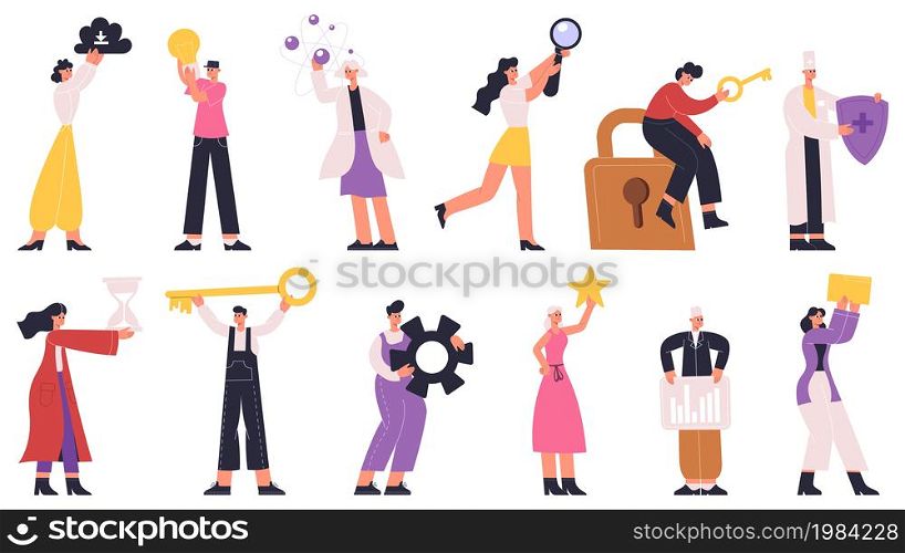 Tiny characters holding giant occupations activities icons. Characters with signs objects, gear, bulb, star vector flat illustration set. People hold big occupation signs. Character occupation holding. Tiny characters holding giant occupations activities icons. Characters with signs objects, gear, bulb, star vector flat illustration set. People hold big occupation signs