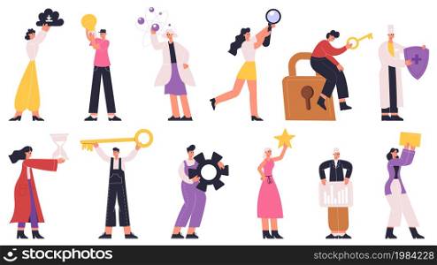 Tiny characters holding giant occupations activities icons. Characters with signs objects, gear, bulb, star vector flat illustration set. People hold big occupation signs. Character occupation holding. Tiny characters holding giant occupations activities icons. Characters with signs objects, gear, bulb, star vector flat illustration set. People hold big occupation signs