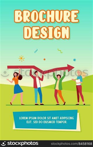 Tiny characters holding huge arrow together. Growth, coworking, help flat vector illustration. Teamwork or achievement concept for banner, website design or landing web page