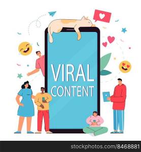 Tiny characters near huge smartphone with cat and emoji. Social media blogging, marketing using cellphone device. Streaming, online likes, followers attracting. Cartoon people vector illustration.