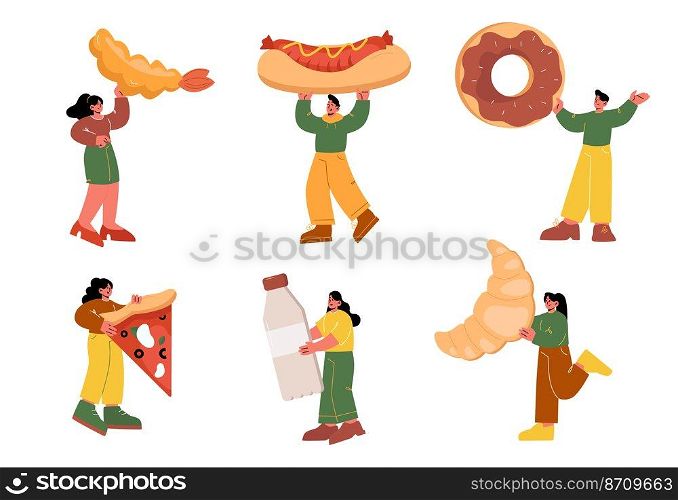 Tiny characters with huge fast food, bakery and drink bottle. Isolated people with fried shrimp, hot dog, donut, pizza and croissant. Fastfood festival, barbeque party Line art vector illustration set. Tiny characters with huge fast food, bakery, drink