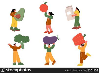 Tiny characters with huge healthy food fruits, vegetables and dairy products. People hold avocado, apple or tomato, broccoli, eggplant and bell pepper, eating balance, Line art vector illustration. Tiny characters with huge food fruits, vegetables
