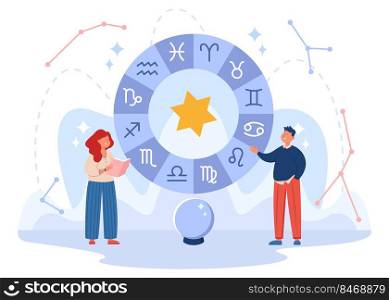 Tiny characters with symbols of zodiac signs and magic ball. Stars, constellations, woman reading horoscope flat vector illustration. Astrology, astronomy concept for banner or landing web page