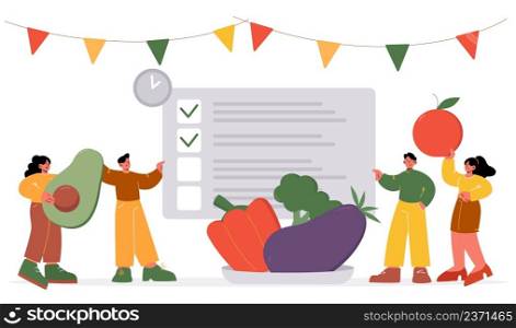 Tiny characters write list of healthy eating products for shopping at huge paper blank. Food balance, organic nutrition ingredients fruits and vegetables for body wellness Line art vector illustration. Tiny characters write list healthy eating products