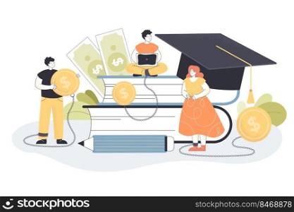 Tiny college or university students making loan to take degree. Male and female character near books paying money or tuition fee for school flat vector illustration. Economy, education, finance system