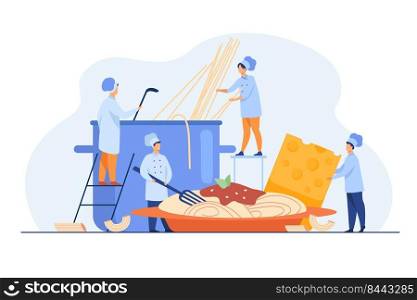 Tiny cooks making spaghetti for dinner isolated flat vector illustration. Cartoon characters boiling water for traditional pasta on restaurant kitchen. Italian cuisine and food concept