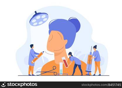 Tiny cosmetic surgeons drawing marks on huge female face, holding lab tubes and syringe for injection. Vector illustration for plastic surgery, beauty care, face correction concept