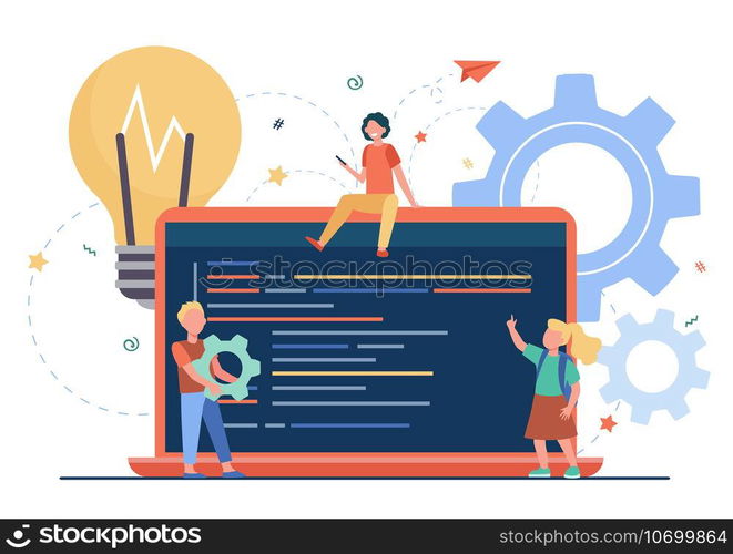 Tiny cute children learning coding. Laptop, bulb, program flat vector illustration. Programming or digital technology concept for banner, website design or landing web page