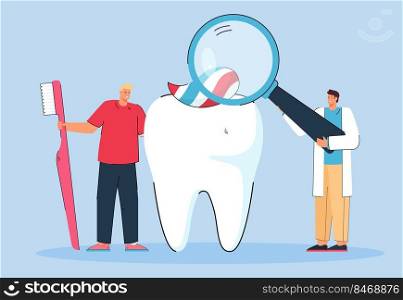 Tiny dentist looking at tooth through magnifying glass. Doctor giving advice on teeth brushing to patient flat vector illustration. Dentistry concept for banner, website design or landing web page