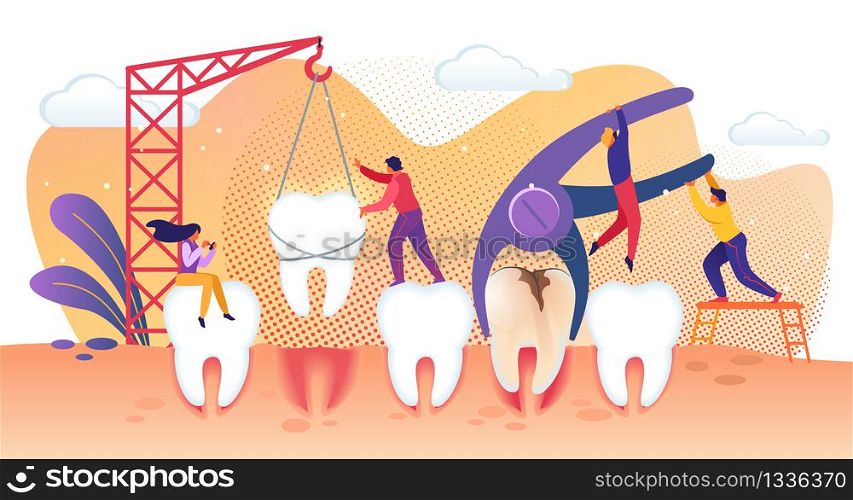 Tiny Dentist People Characters Treating Disease Teeth. Tooth Deletion and Implantation into Gum. Prevention and Treatment of Caries. Modern Dental Healthcare Treatment Cartoon Flat Vector Illustration. Tiny People Characters Treating Disease Teeth.