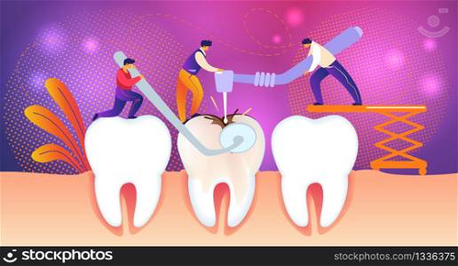 Tiny Dentists Men Treating Giant Unhealthy Tooth with Caries Hole. Men Drilling Plaque. Guy Hold Stomatology Mirror. Dentistry People Work Together for Carring Teeth. Cartoon Flat Vector Illustration.. Men Treate Giant Unhealthy Tooth with Caries Hole.