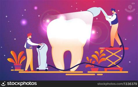 Tiny Dentists Put Light Curing Filling on Huge Tooth. Man Holding Equipment with Lighting. Guy Set Up Options on Computer. Dentistry People Work for Carrying Teeth. Cartoon Flat Vector Illustration.. Dentists Put Light Curing Filling on Huge Tooth.