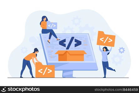 Tiny developers programming website for internet platform flat vector illustration. Cartoon programmers near screen with open code or script. Software development and digital technology concept