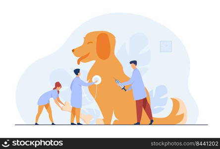 Tiny doctors caring dog in vet office flat vector illustration. Modern animal clinic or hospital. Animals, pets and veterinary service concept
