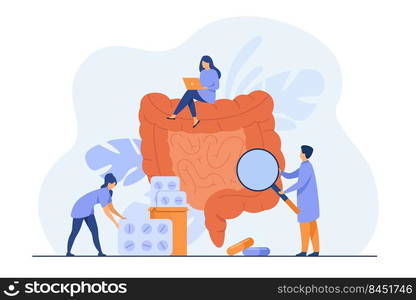 Tiny doctors checking and treating large intestine isolated flat vector illustration. Cartoon physicians studying colon inflammation. Medicine and digestive system health concept