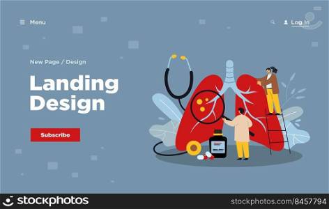 Tiny doctors diagnosing giant lungs or respiratory system. Flat vector illustration. Cartoon medic pulmonology specialists testing lungs for asthma, tuberculosis, cancer. Medicine, healthcare concept