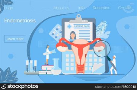 Tiny doctors examine uterus with magnifier to treat endometriosis and looking for causes of infertility, menstrual irregularities. Endometrium dysfunctionality concept vector is shown for landing page. Tiny doctors examine uterus with magnifier to treat endometriosis
