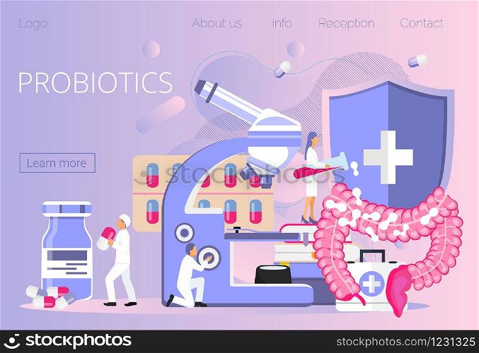 Tiny doctors give stomach probiotic bacteria, lactobacillus. Healthcare landing page, immunity support concept vector for horizontal banner, poster, flyer, website. Symbol of useful milk products.. Tiny doctors give stomach probiotic bacteria, lactobacillus. Healthcare landing page, immunity support concept vector for horizontal banner, poster, flyer, website. Symbol of useful milk